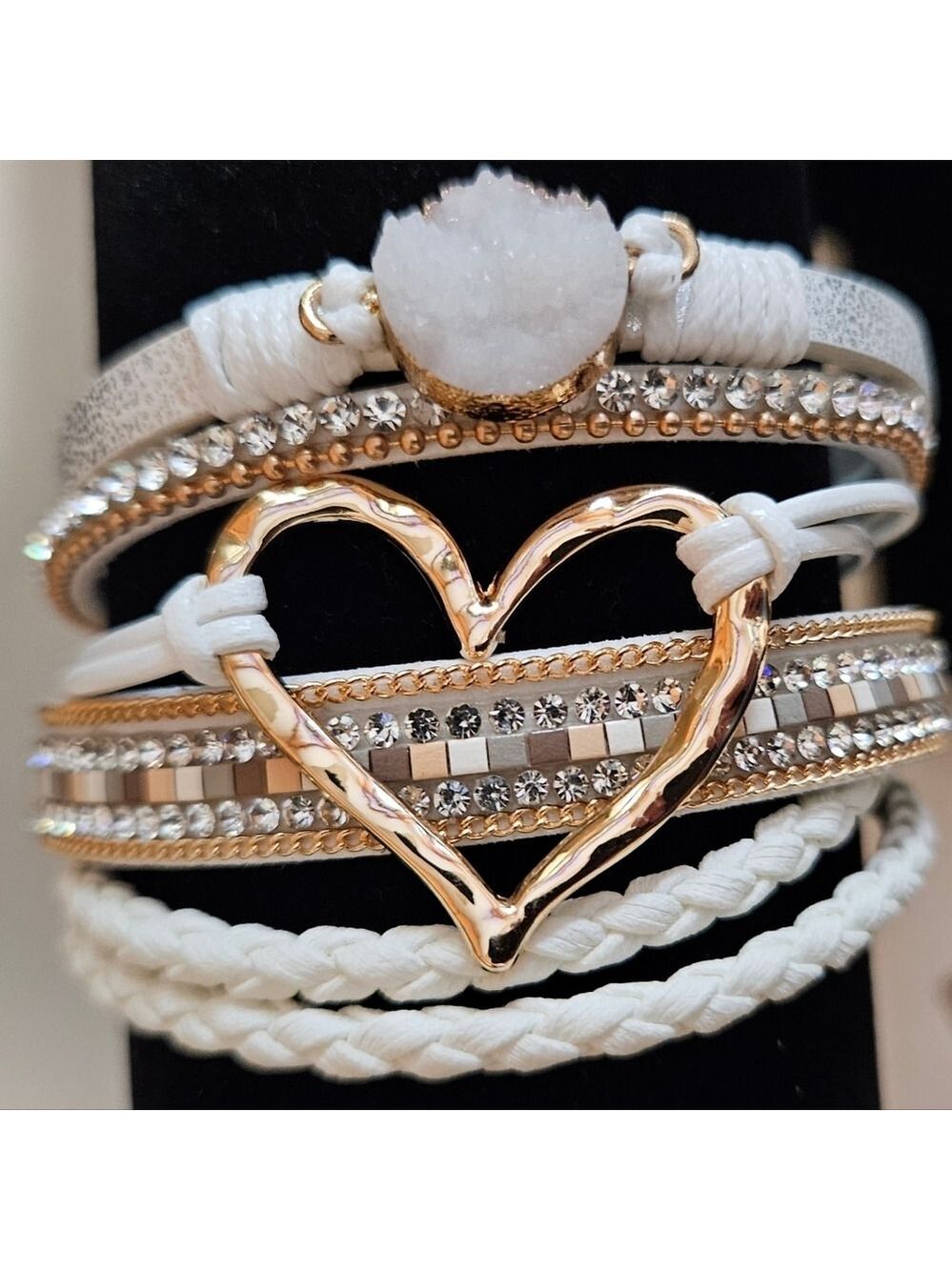 Elegant White and Gold Heart Layered Bracelet OS - Picture 4 of 4